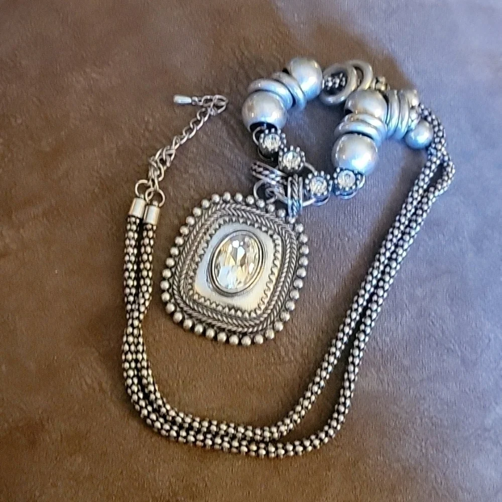 Vtg Chunky Chain Beaded Square Pendant Baddie Unisex Necklace - Picture 2 of 7